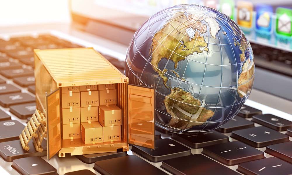 Internet shopping and e-commerce, package delivery concept Global freight transportation business, cargo container with cardboard boxes and Earth globe on laptop